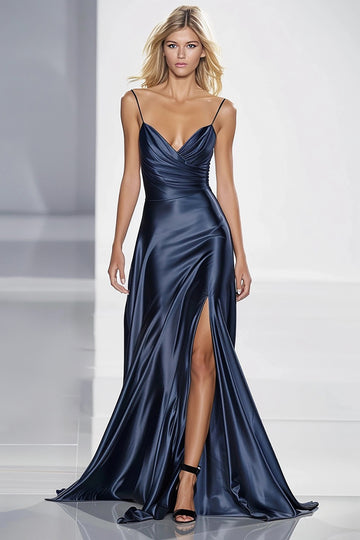 Mermaid Dark Blue Satin Formal Dress with Slit